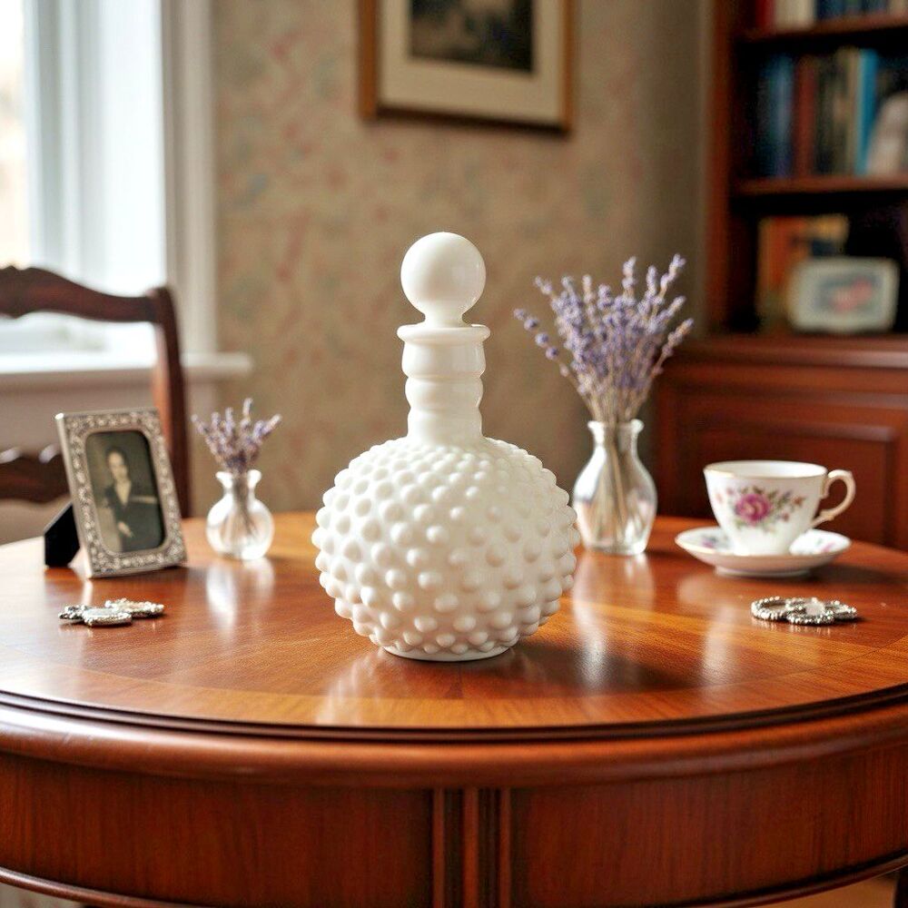 Vintage Milk Glass Hobnail Decanter Bottle With Stopper 7 Inch